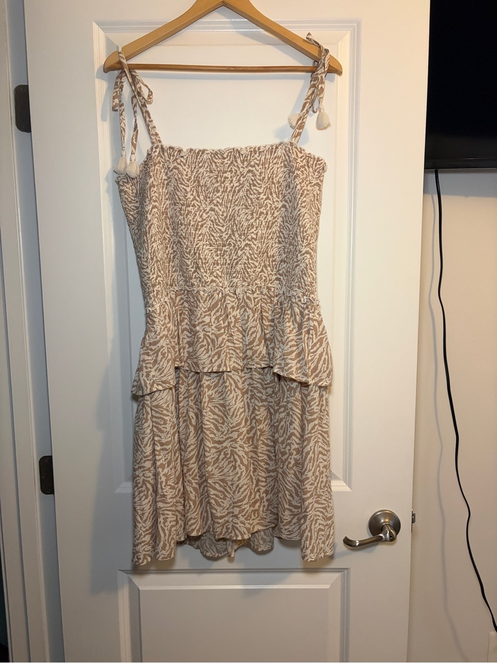 aerie | Beige Tiered Mini Dress with Smocked Top and Tie Straps - Picture 2 of 9